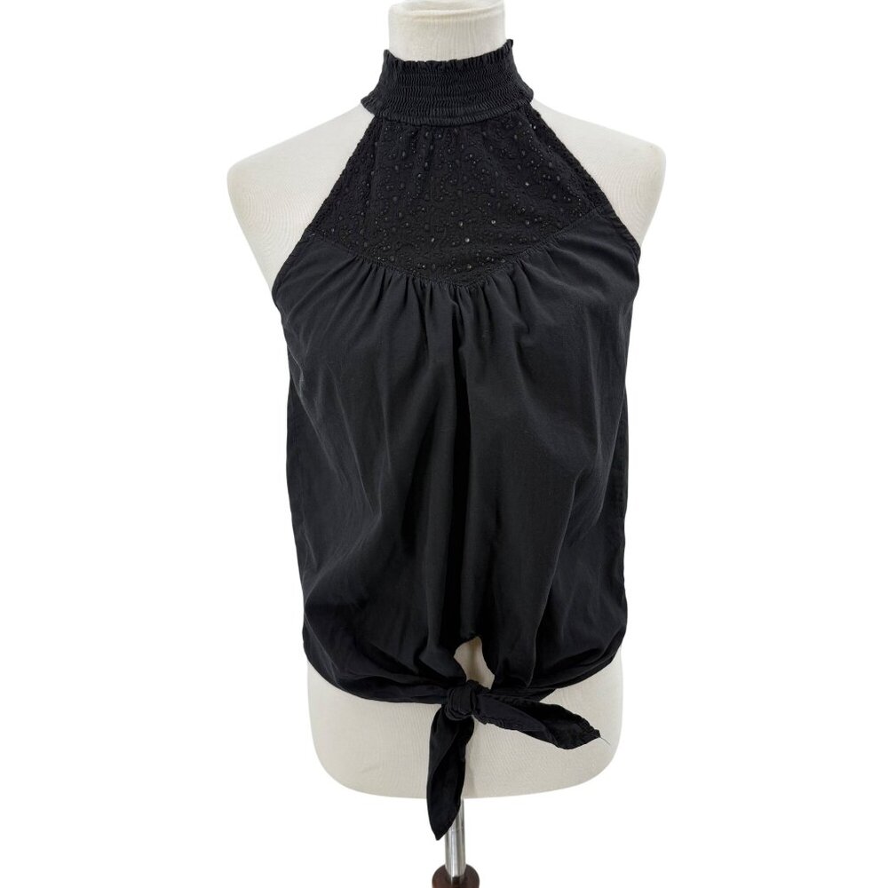 Red Haute Black Halter Top With Embroidered Details & Tie Waist